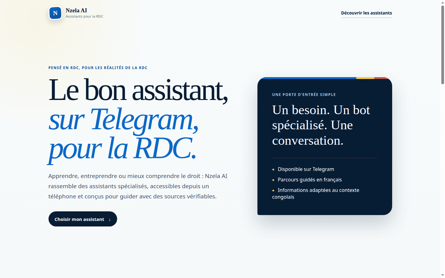 Page d'accueil Nzela AI présentant ses assistants Telegram pour la RDC