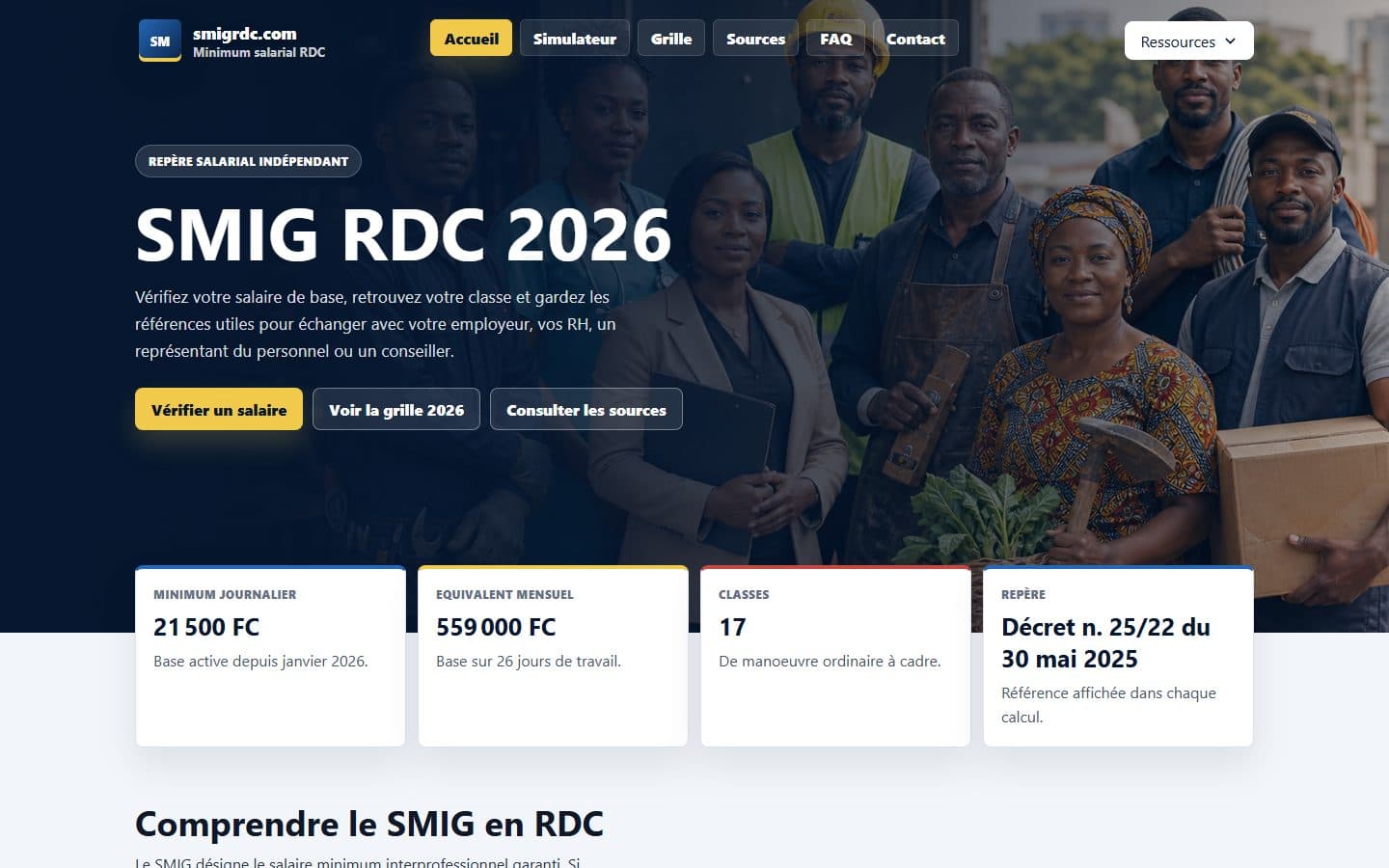 SMIG RDC 2026 homepage with salary calculator and wage grid