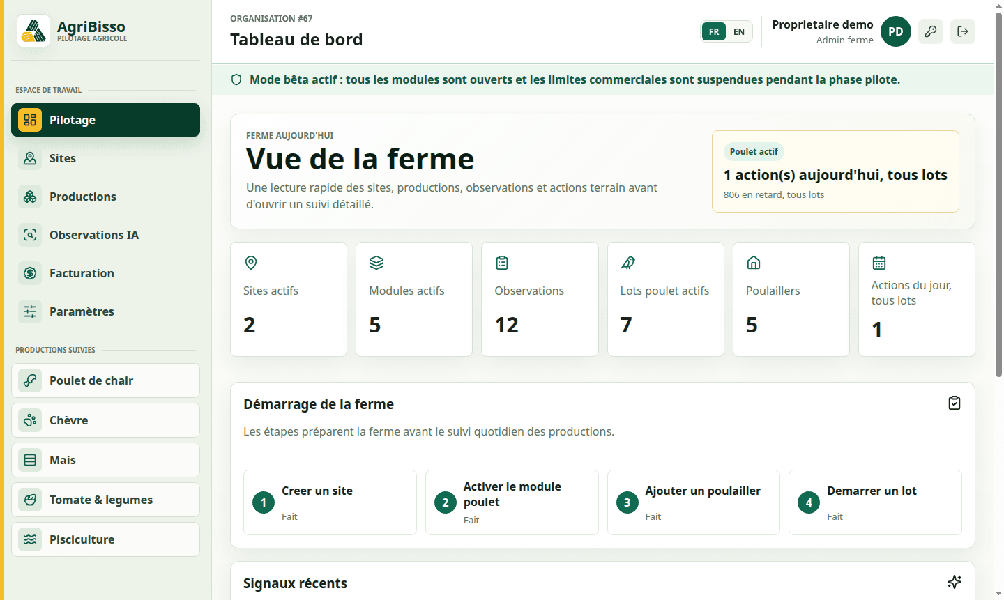 AgriBisso dashboard for managing a farm, livestock and crops